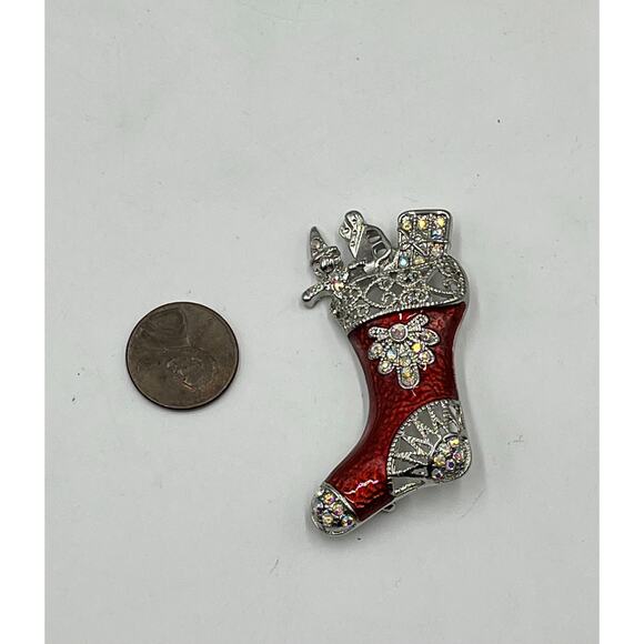 Red Enamel Silver Rhinestone Brooch Christmas Open Work Stocking Brooch Presents - Picture 2 of 6